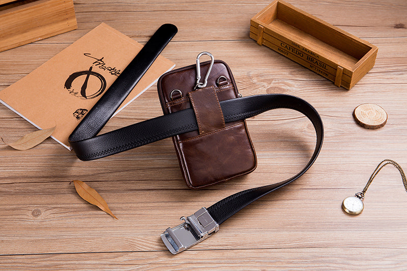 Mens Leather Waist Belt Phone Bag Mini Crossbody Shoulder Bag Purse Brown VERTICAL