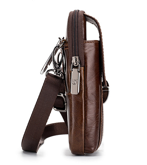 Mens Leather Waist Belt Phone Bag Mini Crossbody Shoulder Bag Purse Brown VERTICAL