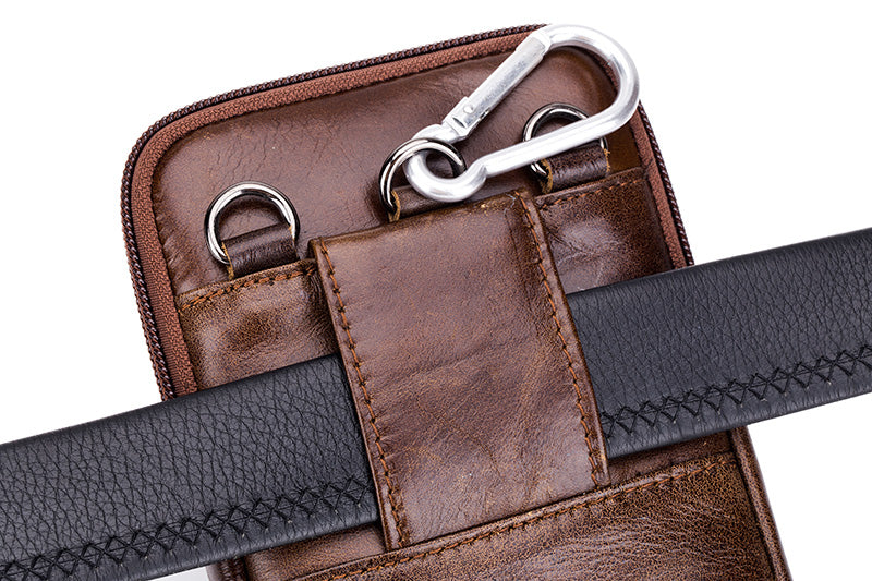 Mens Leather Waist Fanny Pack Mobile Phone Belt Waist Bag Brown