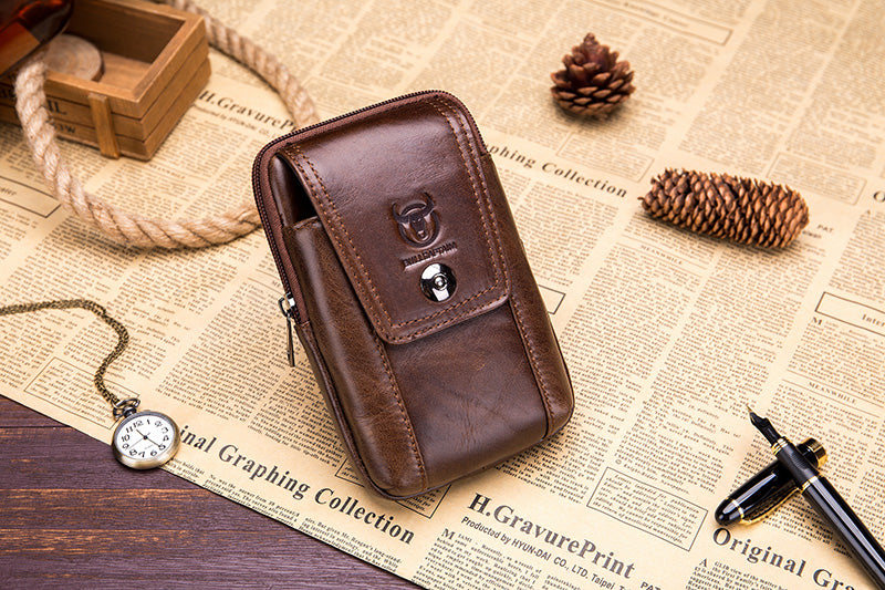 Mens Leather Waist Fanny Pack Mobile Phone Belt Waist Bag Brown