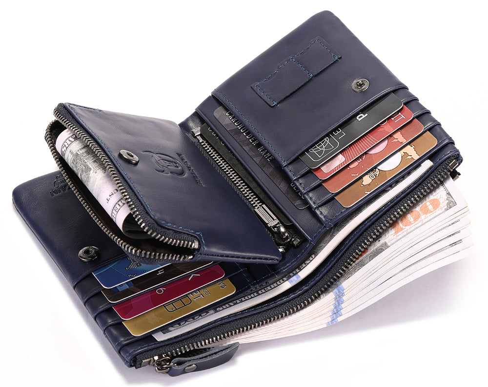 Mens Leather Wallet with Coin Pocket RFID Bifold Purse Card Holder Gift Blue