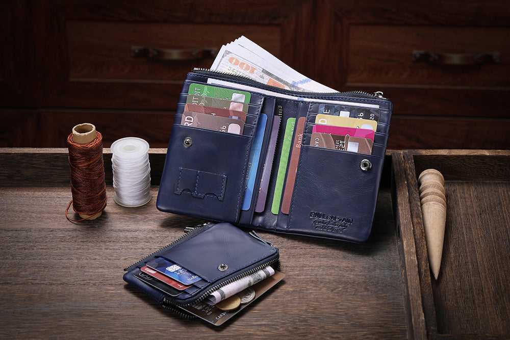 Mens Leather Wallet with Coin Pocket RFID Bifold Purse Card Holder Gift Blue