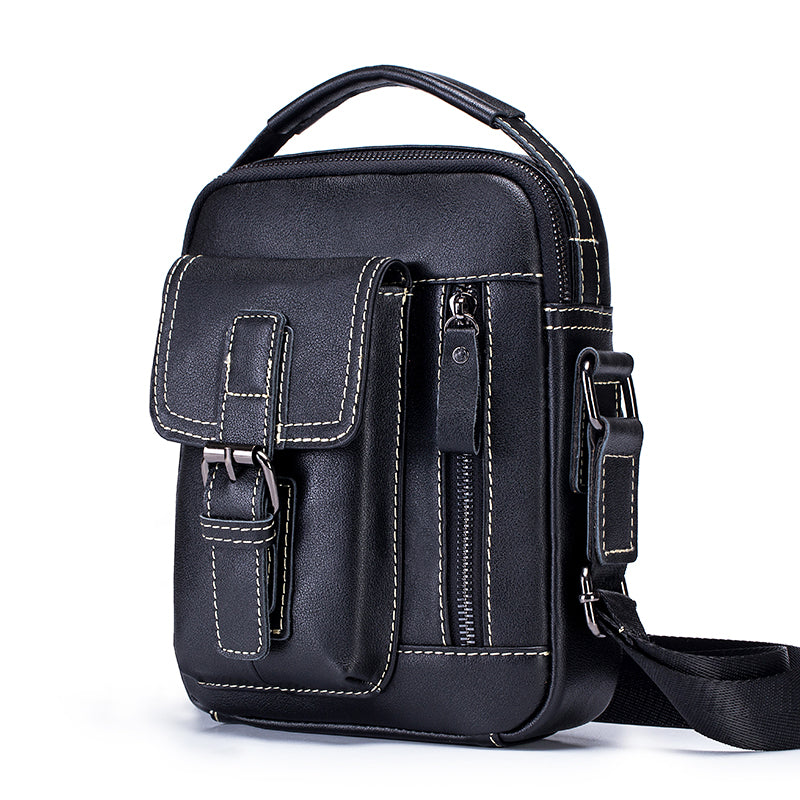 Mens Small Leather Crossbody Shoulder Office Business Work Buckle Bag Black