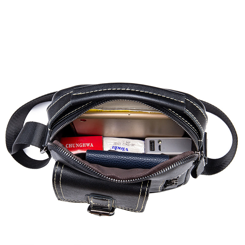 Mens Small Leather Crossbody Shoulder Office Business Work Buckle Bag Black