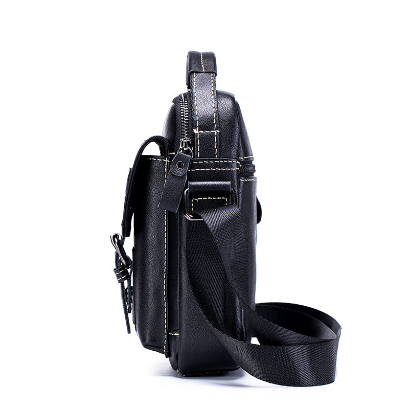 Mens Small Leather Crossbody Shoulder Office Business Work Buckle Bag Black