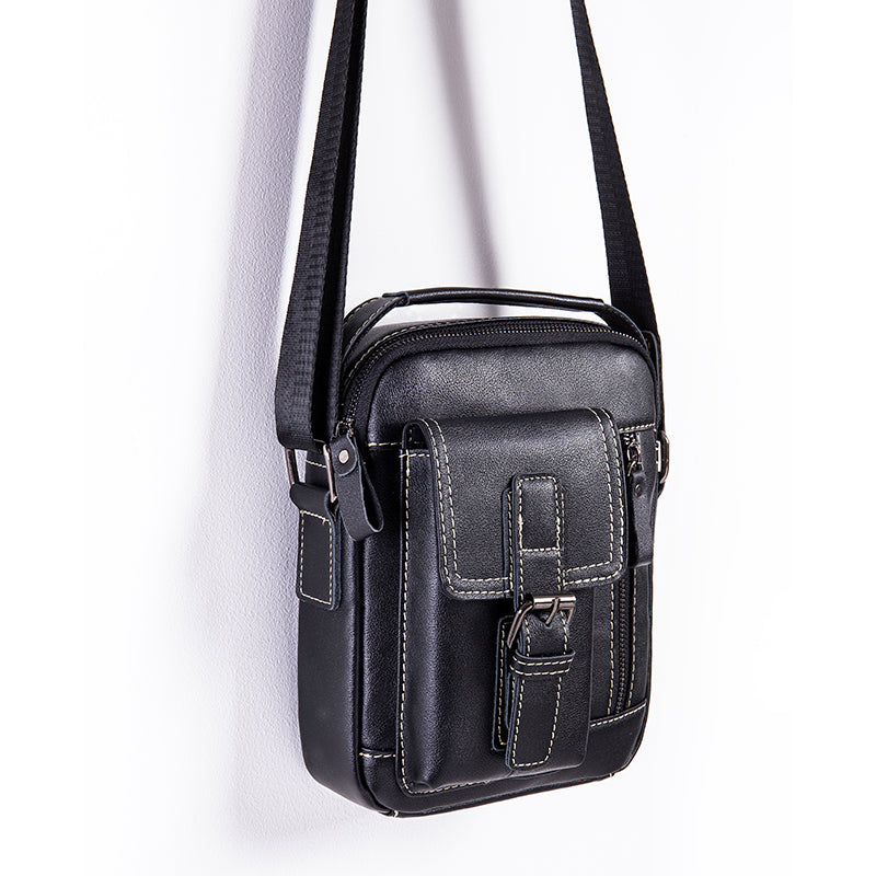 Mens Small Leather Crossbody Shoulder Office Business Work Buckle Bag Black