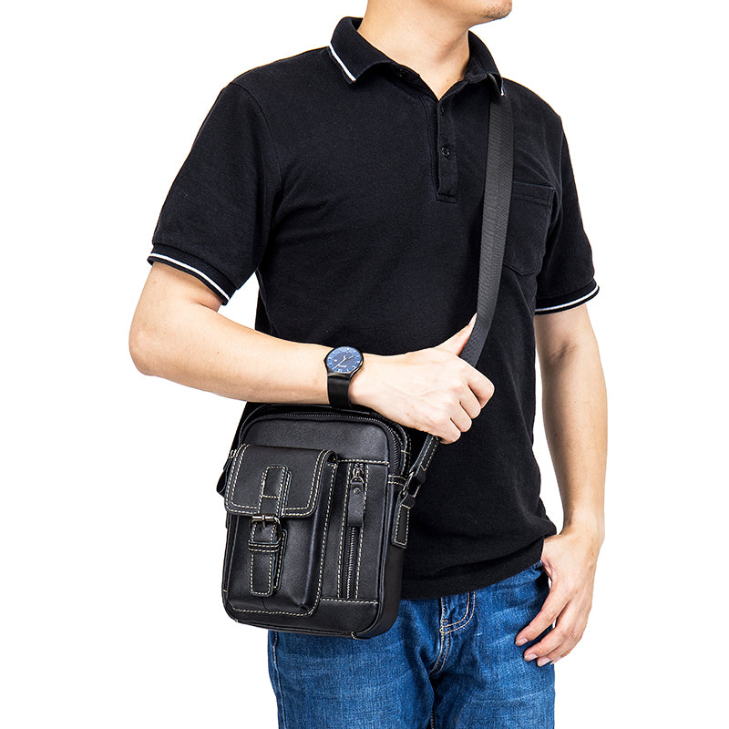 Mens Small Leather Crossbody Shoulder Office Business Work Buckle Bag Black