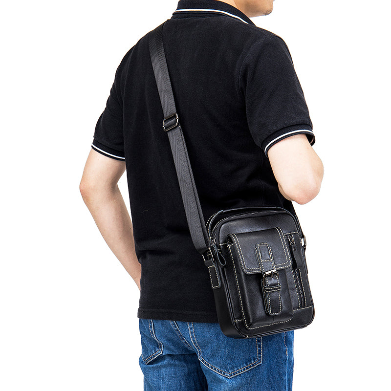 Mens Small Leather Crossbody Shoulder Office Business Work Buckle Bag Black