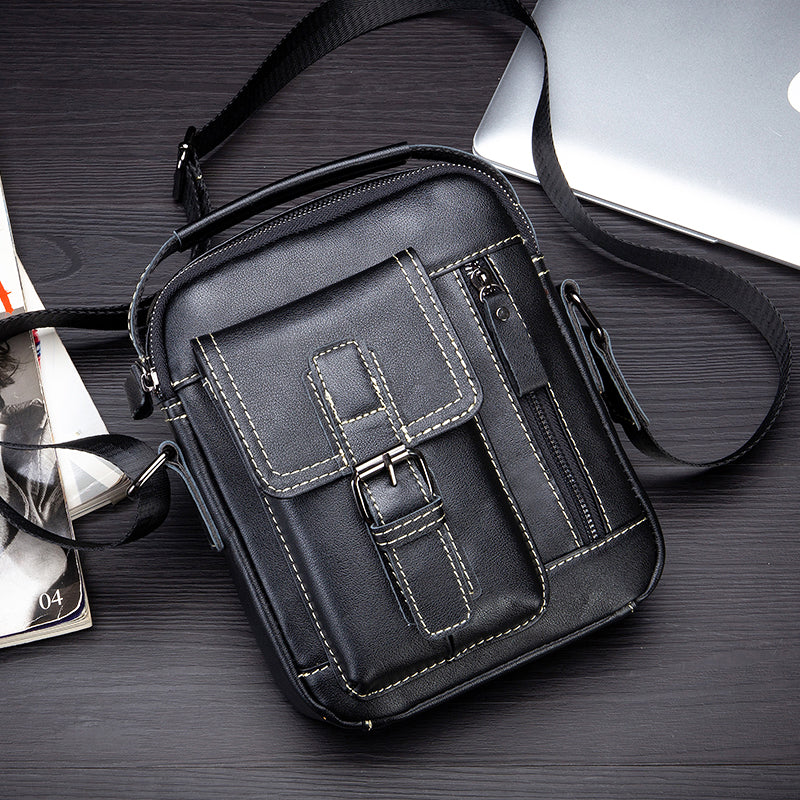 Mens Small Leather Crossbody Shoulder Office Business Work Buckle Bag Black