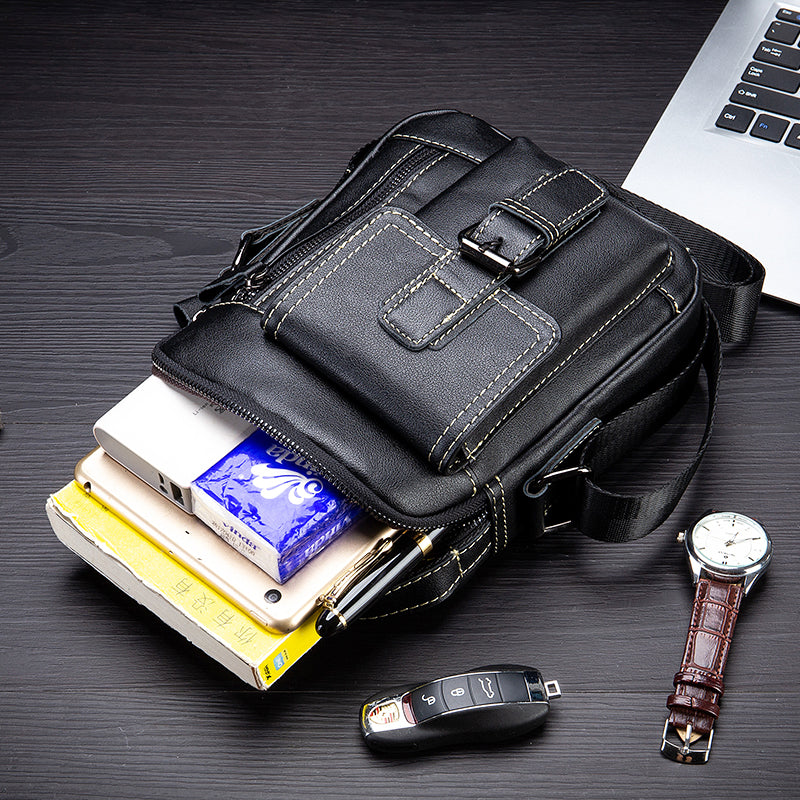 Mens Small Leather Crossbody Shoulder Office Business Work Buckle Bag Black