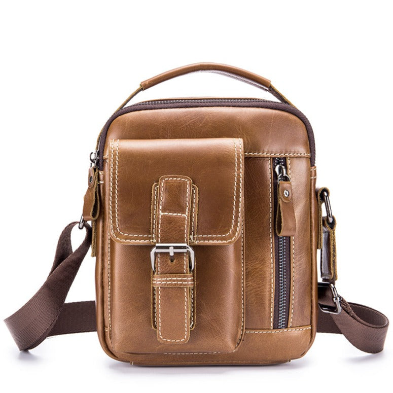 Mens Small Leather Crossbody Shoulder Office Business Work Buckle Bag Brown