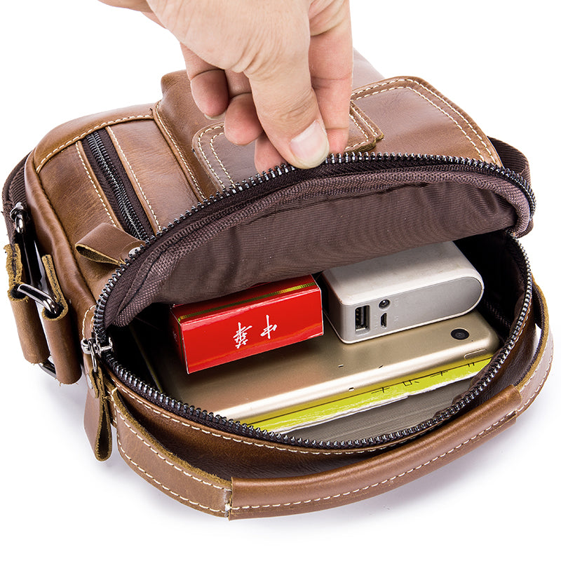Mens Small Leather Crossbody Shoulder Office Business Work Buckle Bag Brown