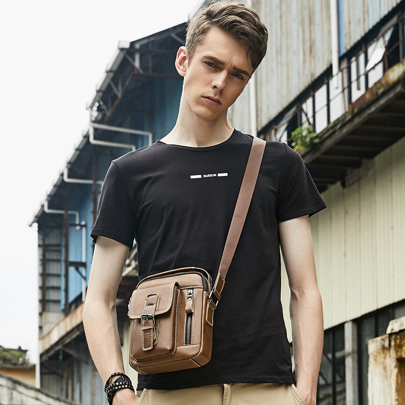 Mens Small Leather Crossbody Shoulder Office Business Work Buckle Bag Brown