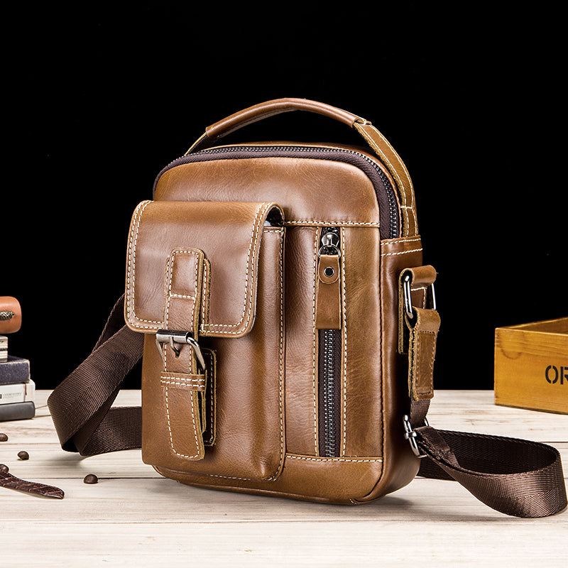 Mens Small Leather Crossbody Shoulder Office Business Work Buckle Bag Brown