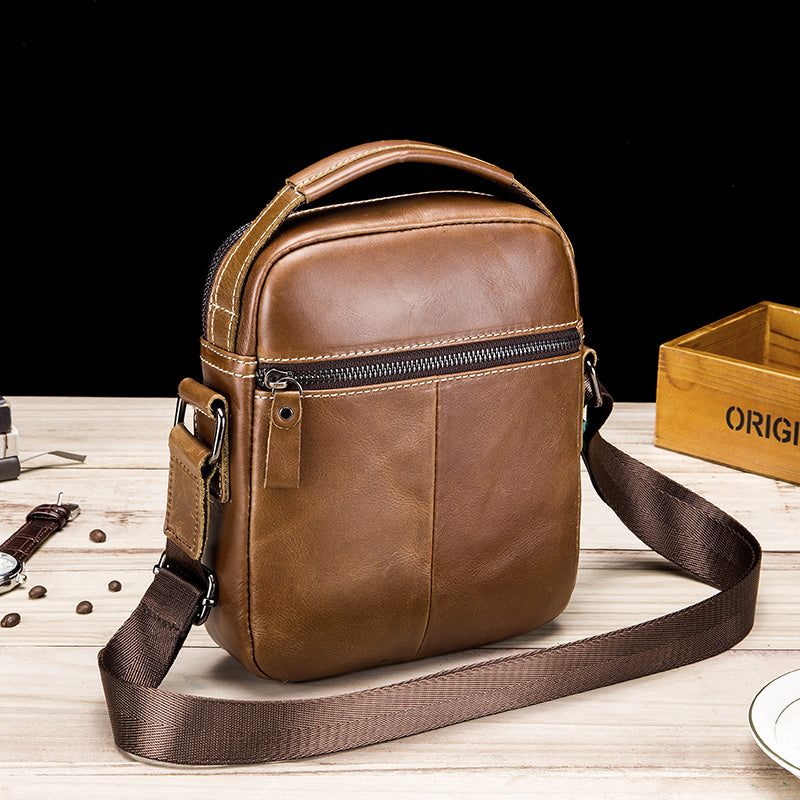 Mens Small Leather Crossbody Shoulder Office Business Work Buckle Bag Brown