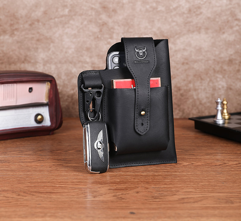 Mens Vintage Leather Belt Bag Cell Phone Purse Waist Bag Black
