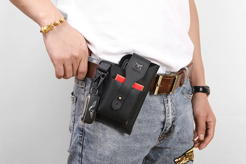 Mens Vintage Leather Belt Bag Cell Phone Purse Waist Bag Black
