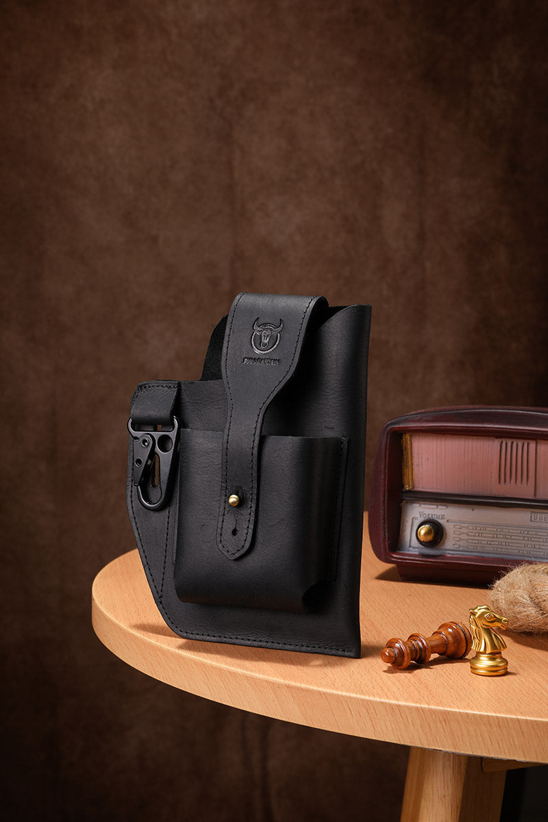 Mens Vintage Leather Belt Bag Cell Phone Purse Waist Bag Black