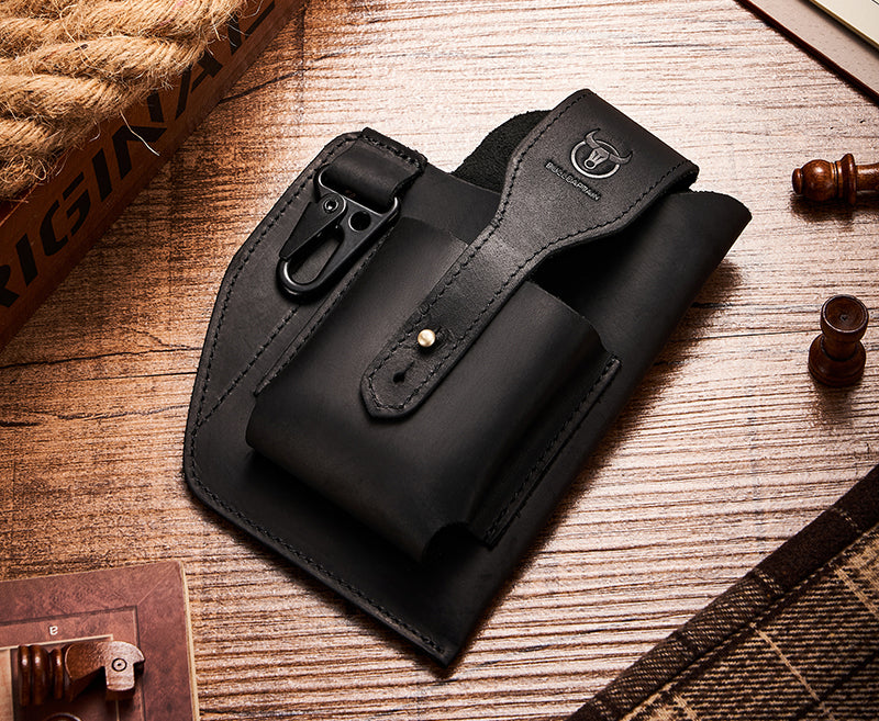 Mens Vintage Leather Belt Bag Cell Phone Purse Waist Bag Black
