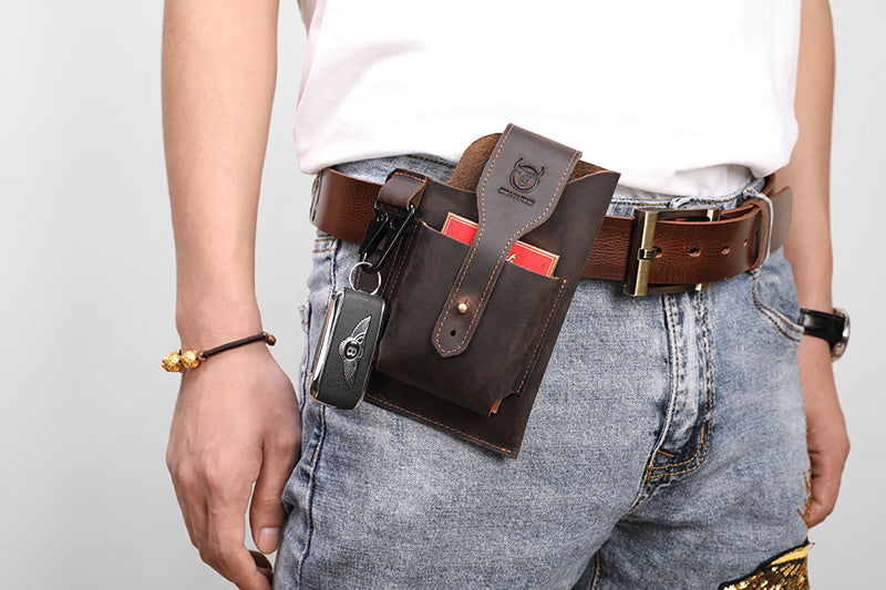Mens Vintage Leather Belt Bag Cell Phone Purse Waist Bag Brown