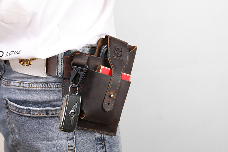 Mens Vintage Leather Belt Bag Cell Phone Purse Waist Bag Brown
