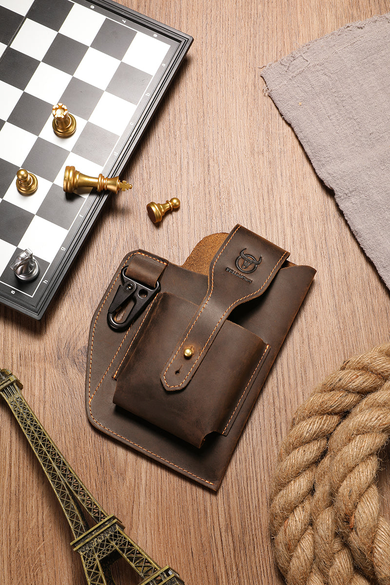 Mens Vintage Leather Belt Bag Cell Phone Purse Waist Bag Coffee