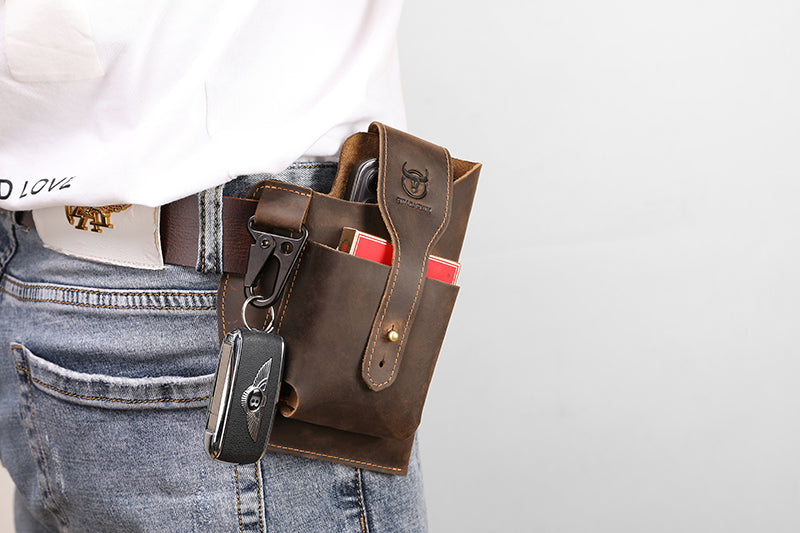 Mens Vintage Leather Belt Bag Cell Phone Purse Waist Bag Coffee
