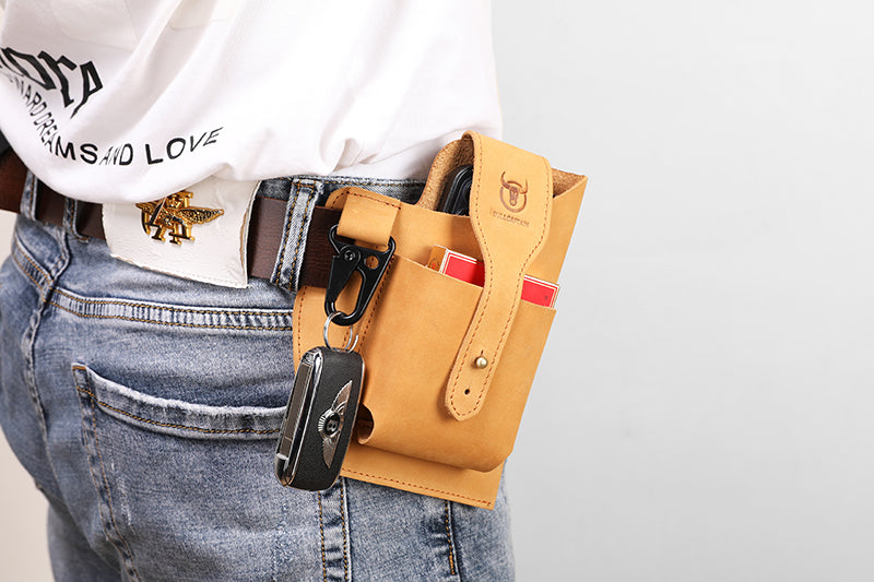 Mens Vintage Leather Belt Bag Cell Phone Purse Waist Bag Yellow