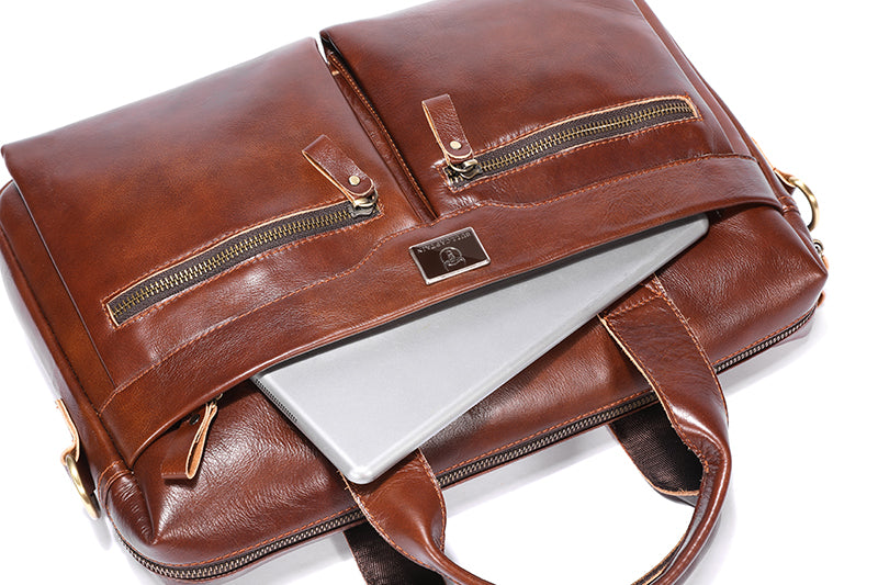 Mens Vintage Leather Briefcase 16 Inch Messenger Laptop Work Business Bag Brown