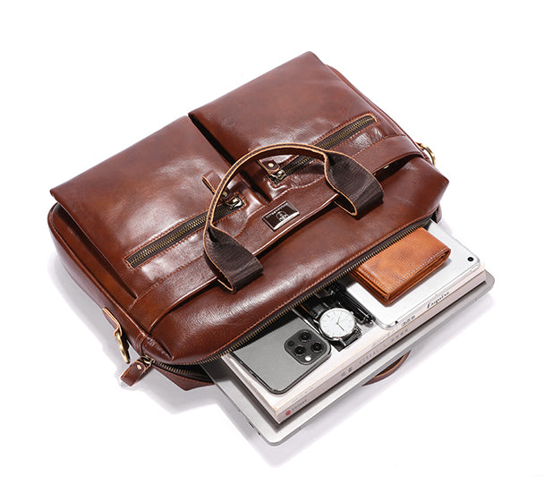 Mens Vintage Leather Briefcase 16 Inch Messenger Laptop Work Business Bag Brown