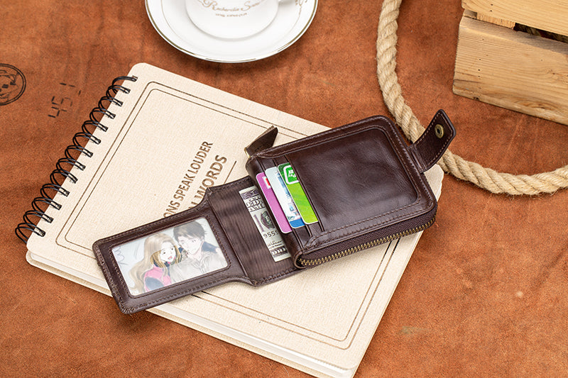 Mens Wallet with Zipper Genuine Leather Purse With Coin Pocket Coffee