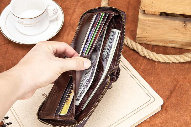Mens Wallet with Zipper Genuine Leather Purse With Coin Pocket Coffee
