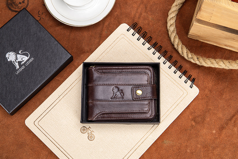 Mens Wallet with Zipper Genuine Leather Purse With Coin Pocket Coffee
