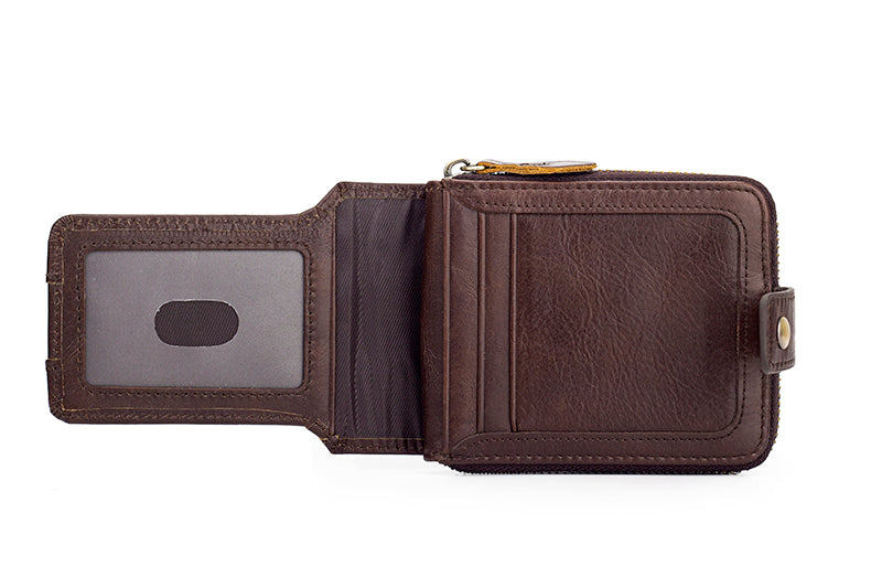 Mens Wallet with Zipper Genuine Leather Purse With Coin Pocket Coffee
