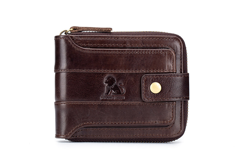Mens Wallet with Zipper Genuine Leather Purse With Coin Pocket Coffee