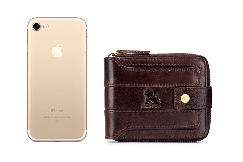 Mens Wallet with Zipper Genuine Leather Purse With Coin Pocket Coffee