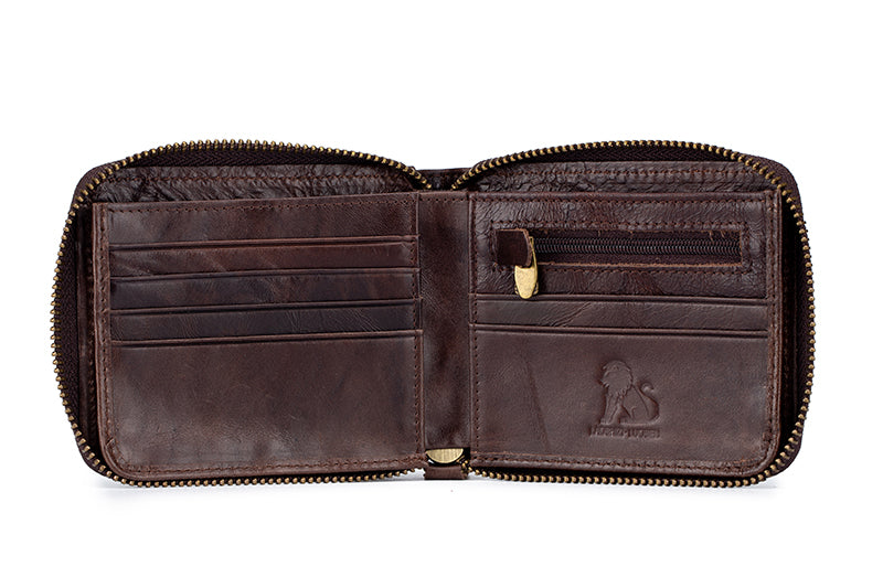 Mens Wallet with Zipper Genuine Leather Purse With Coin Pocket Coffee