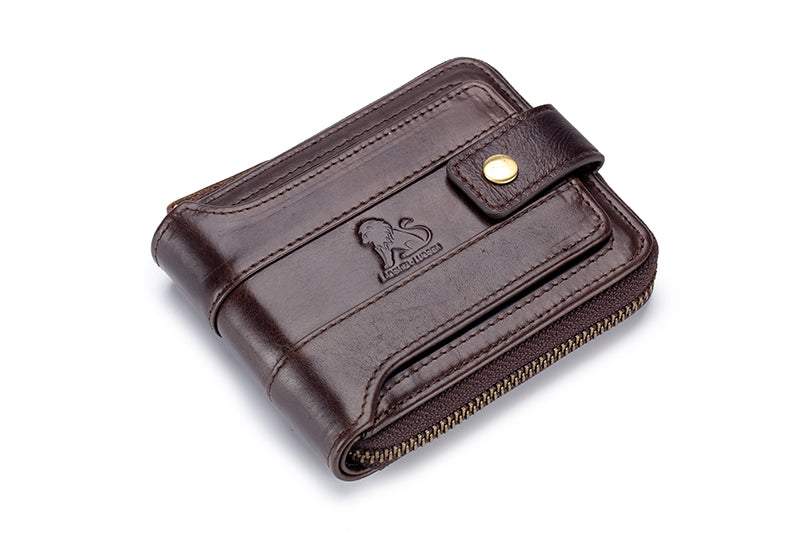 Mens Wallet with Zipper Genuine Leather Purse With Coin Pocket Coffee