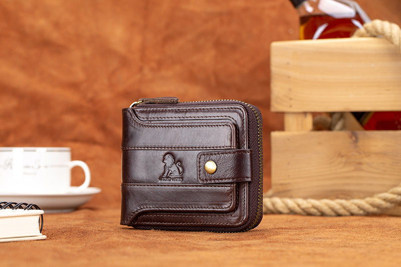 Mens Wallet with Zipper Genuine Leather Purse With Coin Pocket Coffee