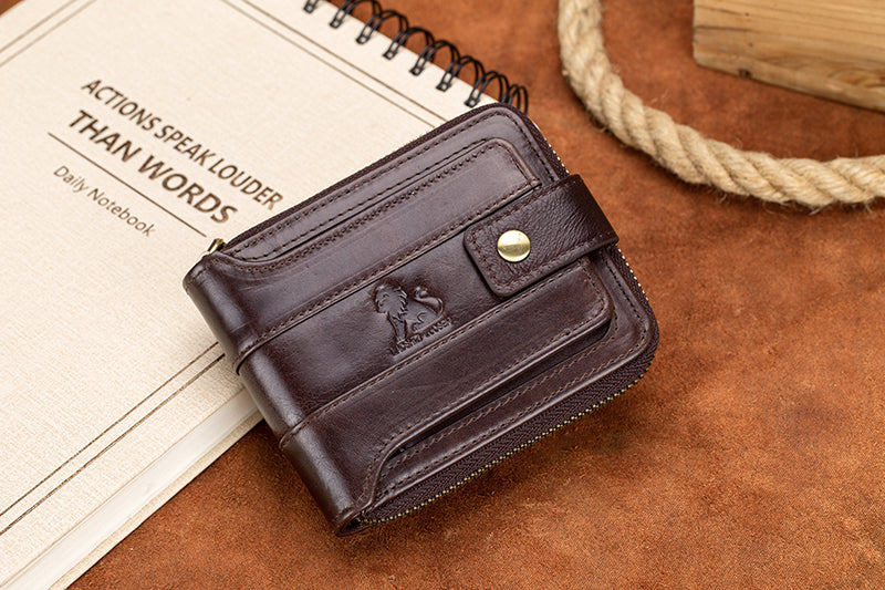 Mens Wallet with Zipper Genuine Leather Purse With Coin Pocket Coffee