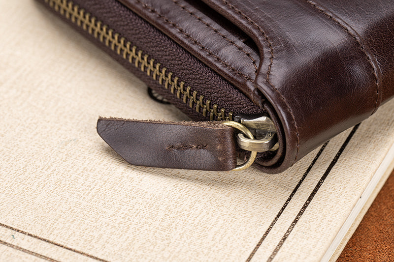 Mens Wallet with Zipper Genuine Leather Purse With Coin Pocket Coffee