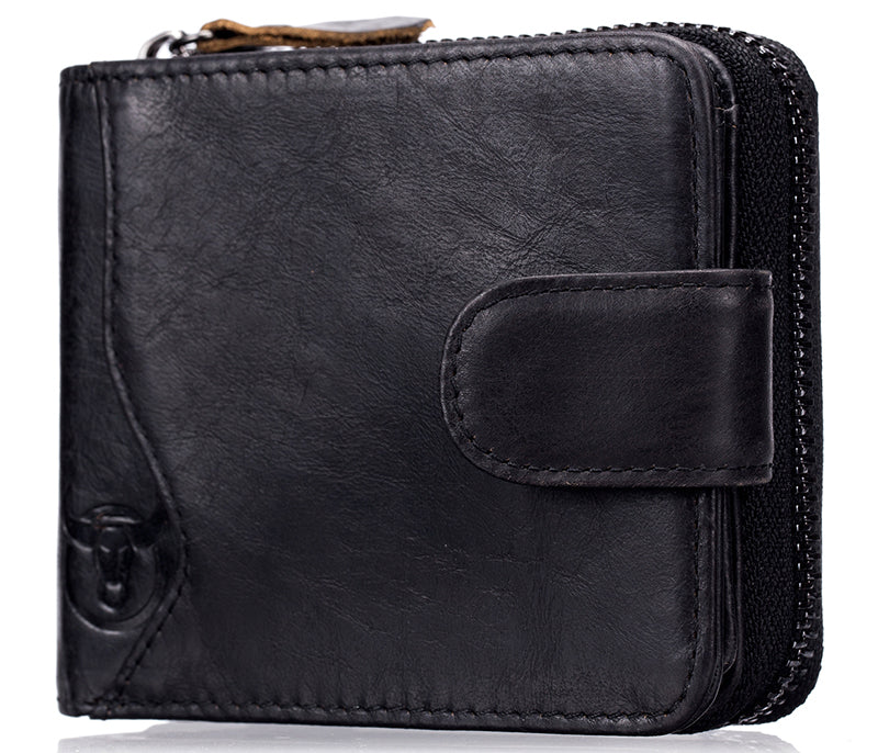 Men's Zip Leather Wallet 14 Credit Card Holder with 4 ID Windows Black