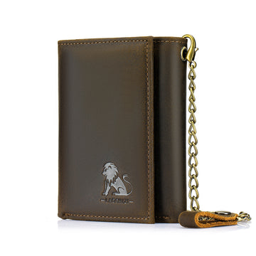 Men's Genuine Leather Trifold Wallet with a Anti-theft Fixed Chain