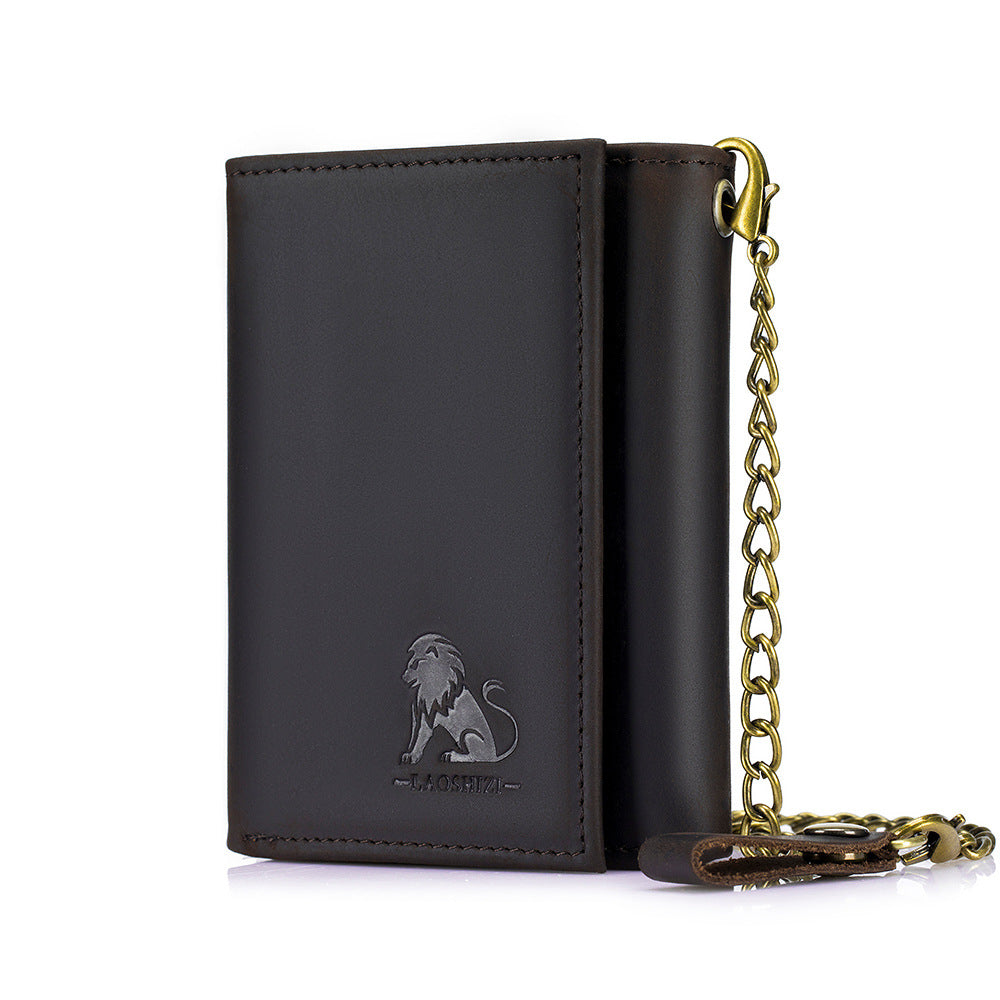 Men's Genuine Leather Trifold Wallet with a Anti-theft Fixed Chain