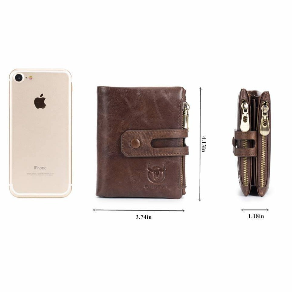 Men's Leather Bifold Wallet Double Zipper Travel Secure Coin Purse